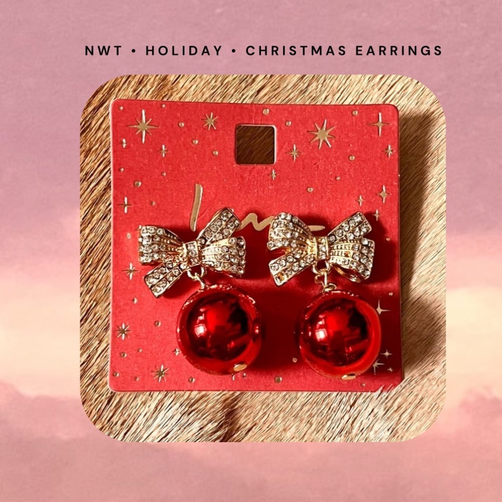 holiday π π gold bow & red bauble christmas earrings